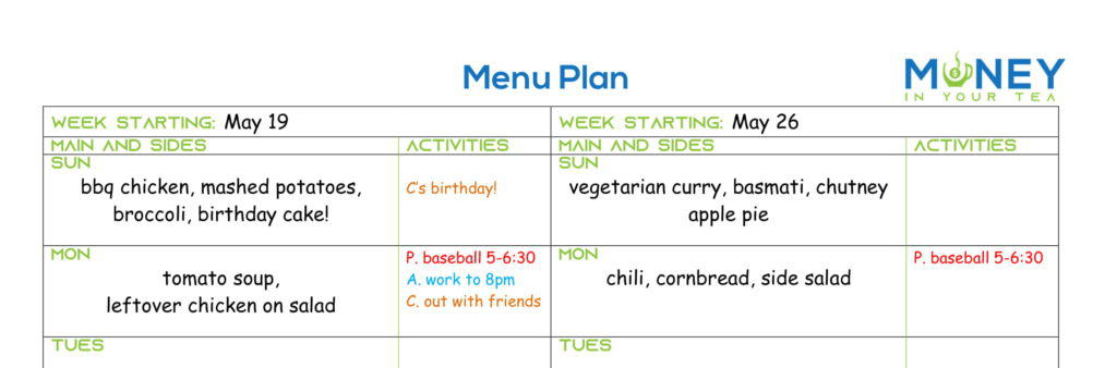 Example of free meal planning template filled in