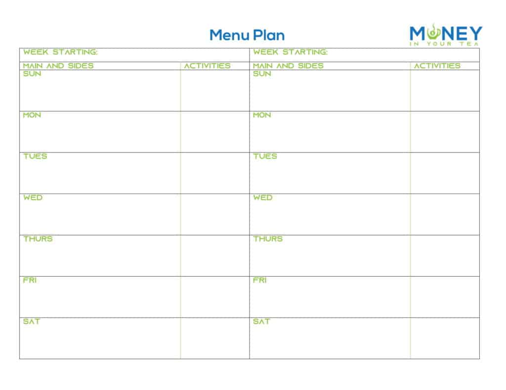 Free meal planning template from Money In Your Tea