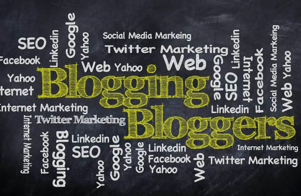 A word cloud of blogging related terms, in yellow and white chalk on a blackboard