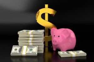 Pink piggy bank with large gold dollar sign and stacks of $100-bills on a black background