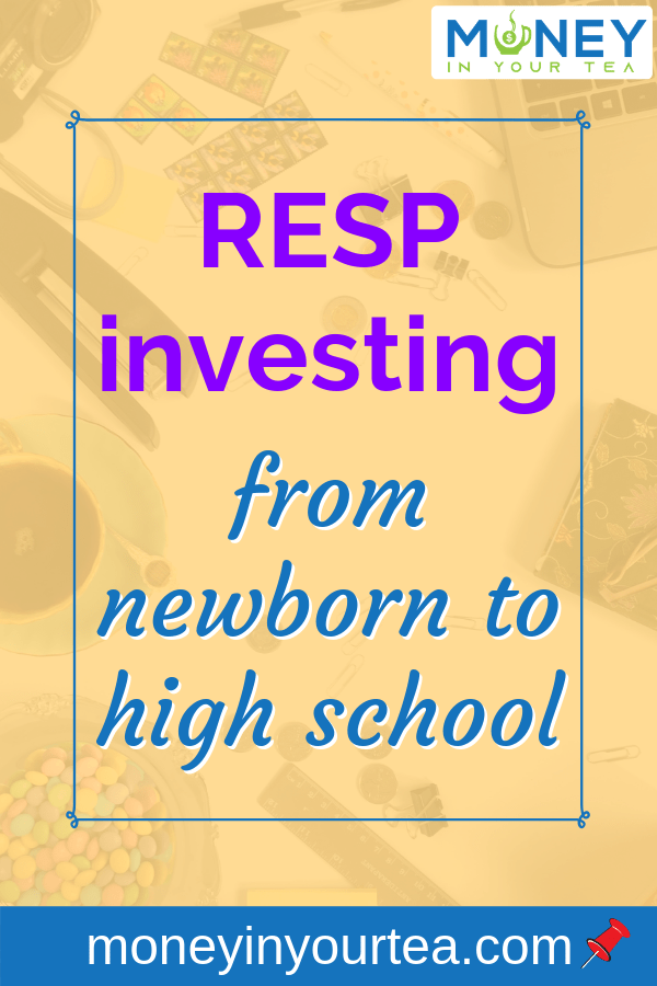 Text overlay, "RESP investing from newborn to high school". Read more at moneyinyourtea.com