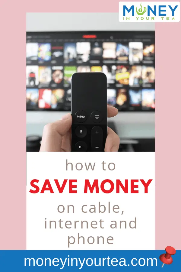 TV and remote with text overlay, "how to save money on cable, internet and phone" by moneyinyourtea.com