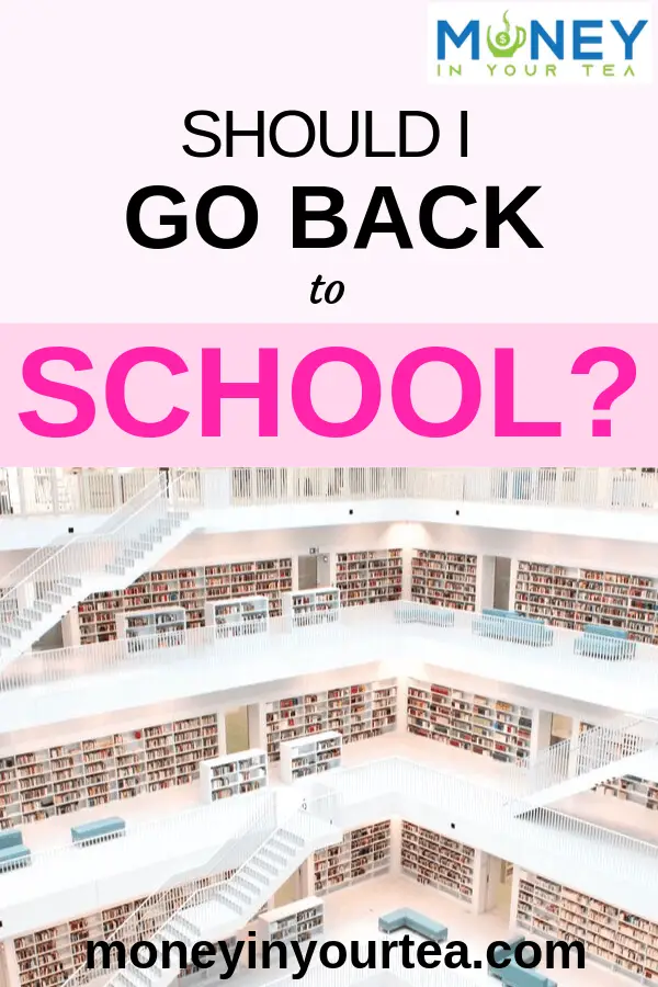 University library with text overlay, "Should I go back to school?" by moneyinyourtea.com