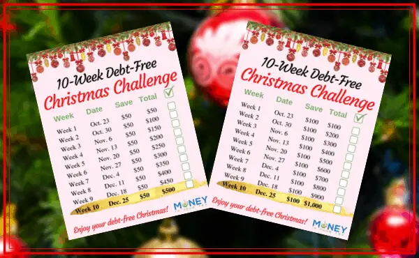 10-week debt-free Christmas challenge trackers from moneyinyourtea.com