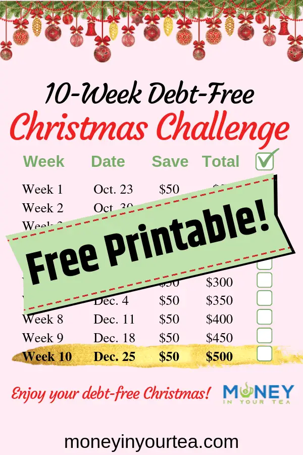 Free printable from moneyinyourtea.com, "10-week debt-free Christmas challenge".