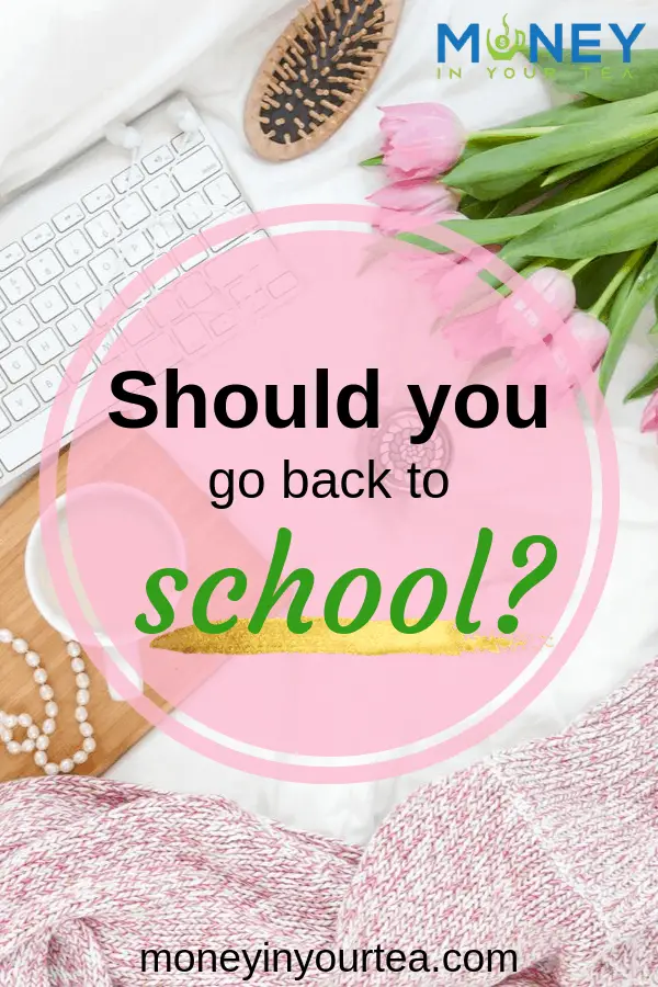 Pink tulips, keyboard etc on white background, with text overlay "Should you go back to school?" by moneyinyourtea.com