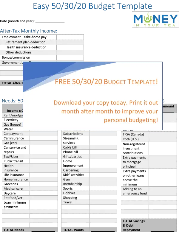 Free 50-30-20 budget template from moneyinyourtea.com